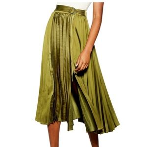 Topshop Pleated Satin Midi Skirt, Olive Green